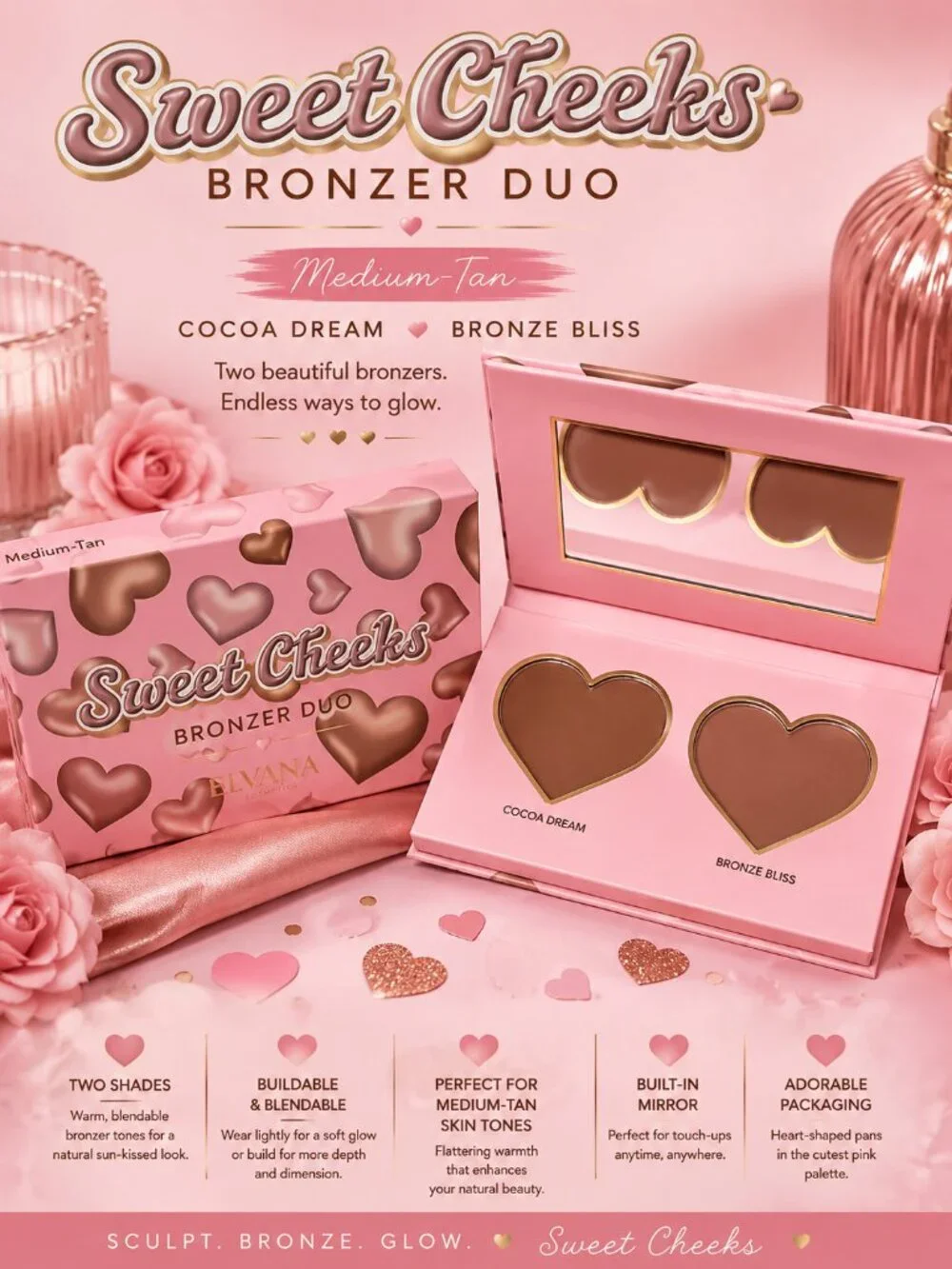 Sweet Cheeks Medium-Tan Bronzer Duo Cocoa Dream & Bronze Bliss Heart Palette